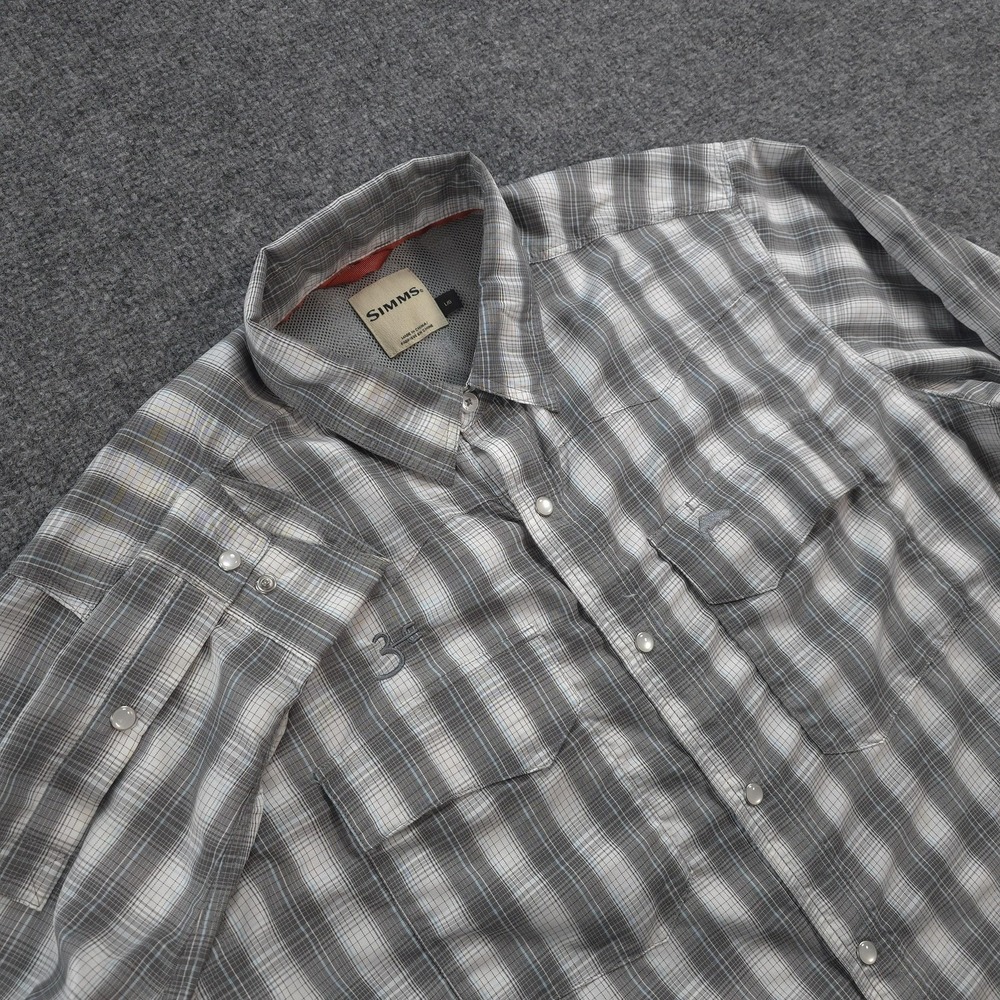 Simms Shirt Mens L Gray Plaid Big Sky Pearl Snap Vented Fishing Camp Outdoors